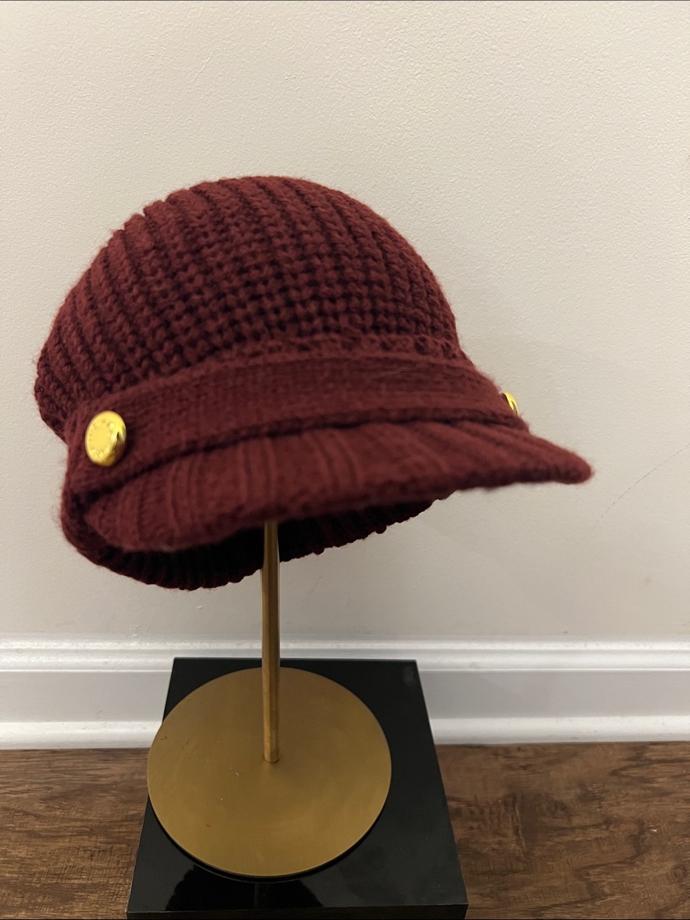 Michael Kors Burgundy Knit Newsboy Cap with Gold Buttons